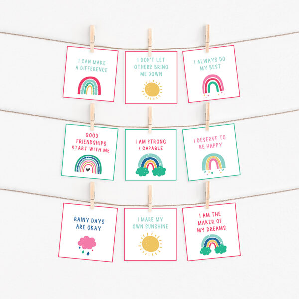 affirmation cards for little girls with rainbows and bright colors